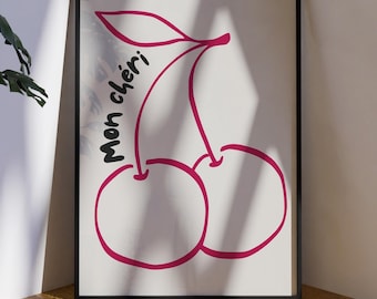 Impression d'art mural Mon Chéri, jolie affiche de cerise, illustration vintage de cerises, décoration d'appartement esthétique rouge rétro, décorations de chambre tendance