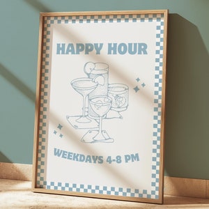 Plakat Retro Happy Hour | Sztuka ścienna Vintage Bar Cart | Znak Cafe Shop | Minimalistyczne wydruki jasnoniebieskie | Wystrój kuchni | Prezent dla miłośnika napojów
