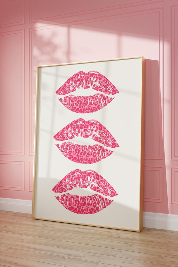 Trendy Lipstick Kisses Print, Makeup Room Décor, Cute Apartment Decorations, Preppy Dorm Poster, Y2K Funky Wall Art, Pink Leopard Aesthetic