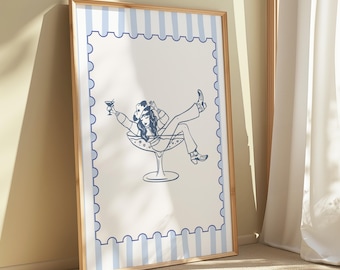 Küsten Cowgirl Wand Kunst Druck, Frau im Martini Glas Illustration, Blau Beachy Western Poster