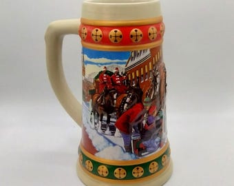 Vintage 1997 Budweiser Hometown Holiday Beer Stein - Anheuser Busch Holiday Collectible Clydesdale Mug by Ceramarte