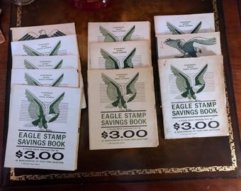 Vintage Eagle Stamp Savings Books Set of 11 | 3 Filled, 8 Empty | 1963 Green Trading Stamps | Retro Ephemera Collectible