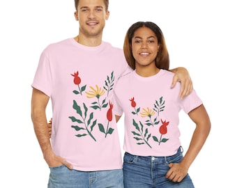 Unisex Heavy Cotton Tee, White and Pink Flower T-Shirt