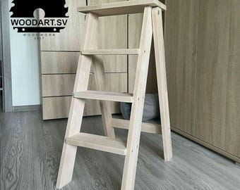 Wooden folding ladder made of beech, step ladder for kitchen,library,garden,garage. Functional step stool. Handcrafted ladder for gift.