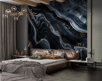 Schwarzer Marmor Tapete: Goldene Akzente, Elegantes Wandbild (Schälen und Aufkleben, entfernbar)