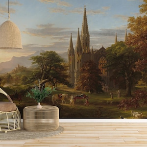 Papel tapiz mural estilo catedral pastoral vintage: diseño de paisaje europeo clásico para decoración del hogar / Papel tapiz autoadhesivo