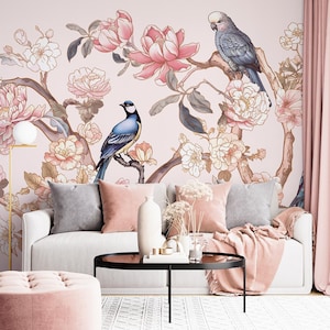 Elegant Chinoiserie Floral and Bird Wallpaper - Soft Pink Botanical Design | Peel and Stick Wallpaper , Removable Wallpaper , Wall Mural