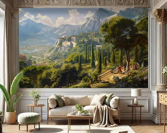 May include: A scenic landscape painting depicting a lush green valley with a distant city and mountains. The painting features a winding path leading up to a stone archway, with trees and flowers lining the way. The sky is a bright blue with fluffy white clouds.