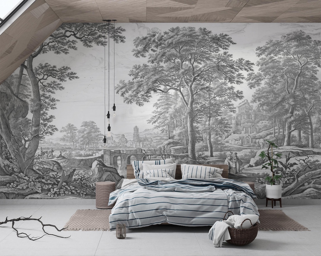 Vintage Pastoral Landscape Wallpaper: Black and White Removable Peel ...