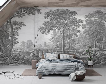 Vintage Pastoral Landscape Wallpaper: Black and White Removable Peel and Stick