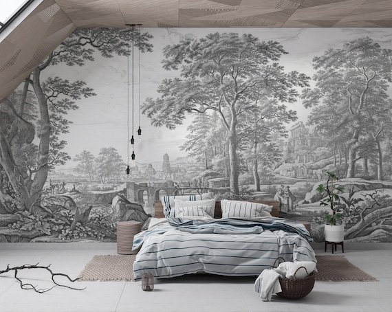 Vintage Pastoral Landscape Wallpaper: Black and White Removable Peel and Stick