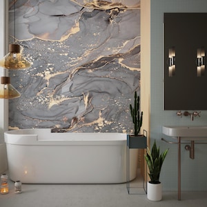 Abstract Wallpaper, Modern Art Wallpaper, Gray Gold Marble Wallpaper, Fluid Art Wall Mural, Peel and Stick Wallpaper, Removable Wallpaper