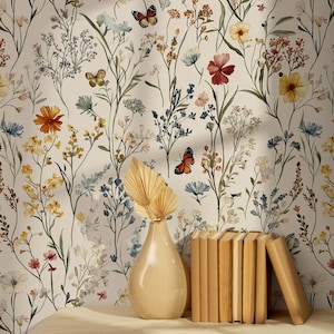 Carta da parati vintage con fiori e farfalle - Rivestimento murale rimovibile staccabile e attaccabile
