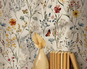 Vintage Floral and Butterfly Wallpaper - Peel and Stick Removable Wall Covering