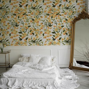 Yellow and Orange Floral Wallpaper - Bright and Elegant Wall Decor / Removable Wallpaper, Peel and Stick Wallpaper, Wall Mural