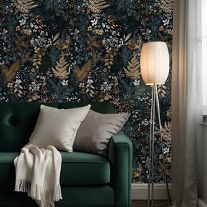 Carta da parati botanica scura con motivo floreale vintage - Decorazione murale di lusso per qualsiasi stanza / Carta da parati rimovibile, carta da parati staccabile e adesiva