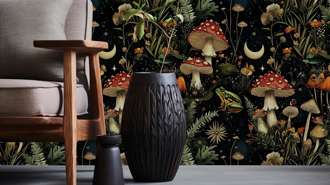 Enchanted Forest Mushroom Wallpaper - Dark Botanical Wall Mural , Frogs ...