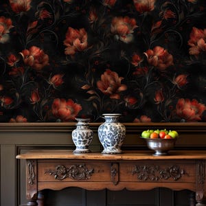 Vintage Red Floral Wallpaper: Dark Botanical Peel and Stick Mural