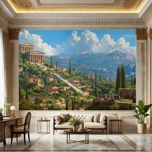 Carta da parati con paesaggio greco antico - Maestosa carta da parati con architettura classica - Lussuoso design scenico per soggiorno/carta da parati staccabile e adesiva