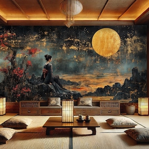 Golden Moon Geisha Wall Mural / Japanese Landscape Art / Elegant Oriental Scene Wallpaper / Custom Large Wall Decor / Removable Wallpaper
