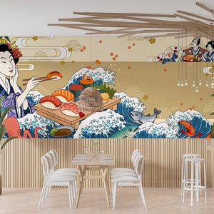 Può includere: Un murale colorato che raffigura sushi e onde. Il murale presenta una donna in un tradizionale kimono giapponese, un piatto di sushi e un'onda con pesci e alghe. Il murale si trova in un ambiente da ristorante con pareti in legno e sedie bianche.