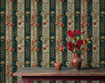 Papel pintado de rayas florales vintage: elegante mural botánico, extraíble y autoadhesivo.