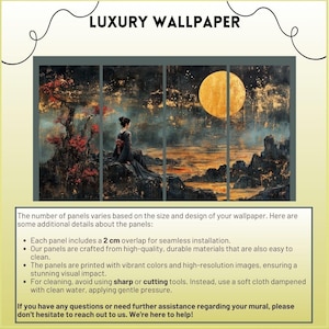 May include: A three-panel wallpaper mural depicting a Japanese woman in a traditional kimono sitting on a rock overlooking a misty lake with a large, golden moon in the sky. The panels are printed with vibrant colours and high-resolution images, ensuring a stunning visual impact. Each panel includes a 2 cm overlap for seamless installation.