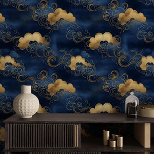 Papel tapiz de nubes doradas azul marino, mural de pared con cielo oriental, decoración elegante para paredes con acento, papel tapiz removible, papel tapiz autoadhesivo, mural de pared