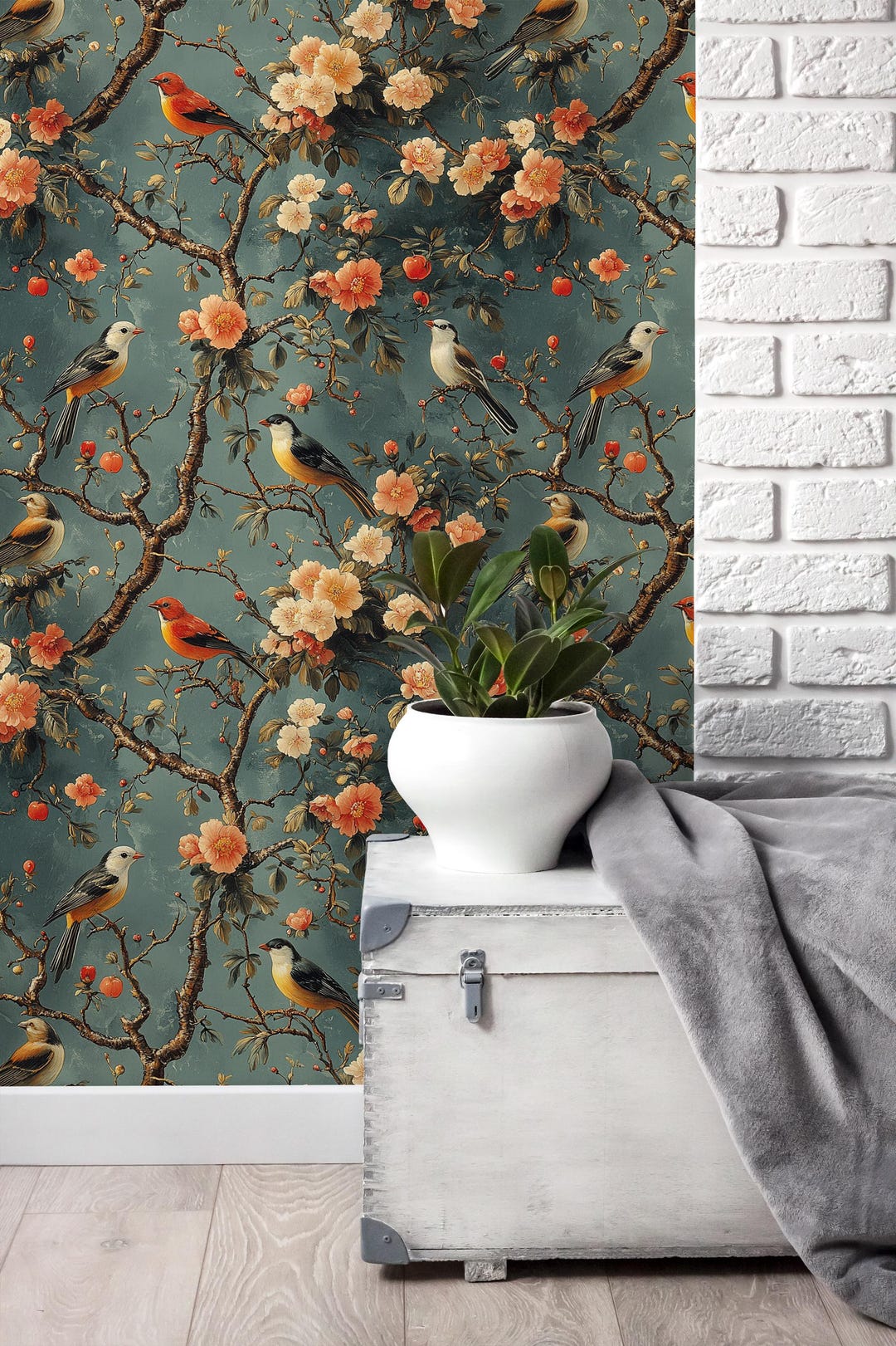 Vintage Bird Floral Wallpaper: Elegant Peel and Stick Wall Decor - Etsy