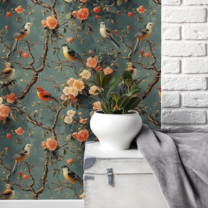 Vintage Bird and Floral Wallpaper - Elegant Nature-Inspired Wall Décor / Removable Wallpaper, Peel and Stick Wallpaper