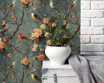 Vintage Bird Floral Wallpaper: Elegant Peel and Stick Wall Decor