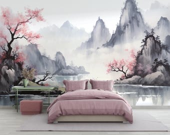 Asian Mountain Landscape Wallpaper: Cherry Blossom Wall Mural (Peel and Stick)