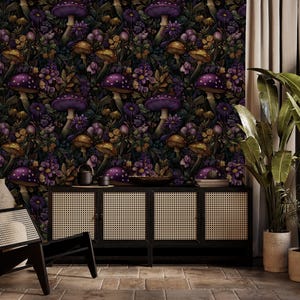 Dark Botanical Mushroom Wallpaper - Gothic Cottagecore Floral Design / Peel and Stick Wallpaper - Removable Wallpaper