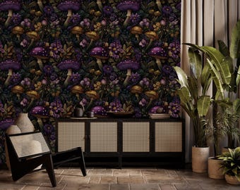 Dark Botanical Mushroom Wallpaper: Gothic Cottagecore Peel and Stick