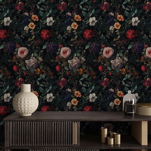 Donker bloemenbehang: vintage botanische peel-and-stick muurschildering