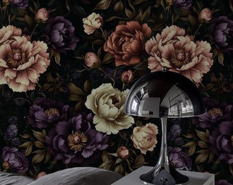 Papel tapiz de peonías florales oscuras: estilo vintage, extraíble y autoadhesivo.