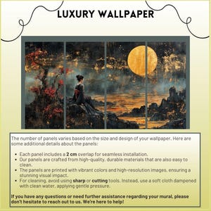 May include: A three-panel wallpaper mural depicting a Japanese woman in a traditional kimono sitting on a rock overlooking a misty lake with a large, golden moon in the sky. The panels are printed with vibrant colors and high-resolution images, ensuring a stunning visual impact. Each panel includes a 2 cm overlap for seamless installation.