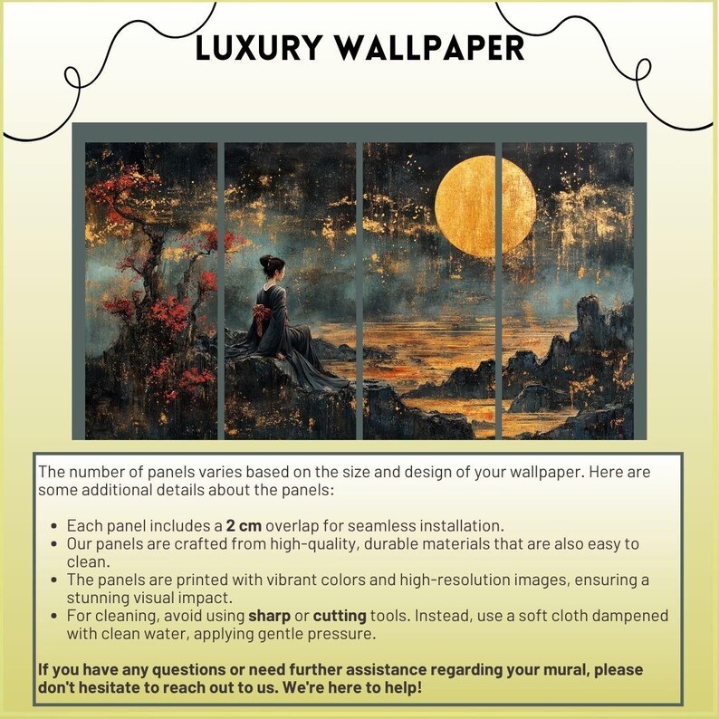 May include: A three-panel wallpaper mural depicting a Japanese woman in a traditional kimono sitting on a rock overlooking a misty lake with a large, golden moon in the sky. The panels are printed with vibrant colors and high-resolution images, ensuring a stunning visual impact. Each panel includes a 2 cm overlap for seamless installation.