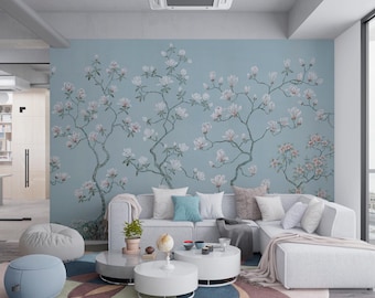 Chinoiserie Magnolia Wallpaper: Soft Blue Floral Wall Mural (Peel and Stick, Removable)