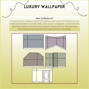 May include: Diagram showing how to measure for wallpaper. The diagram shows five different wall shapes with measurements marked on each. The shapes include a standard wall, a wall with a corner, a wall with a window, a wall with a door, and a wall with a slanted ceiling.