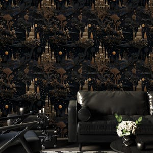 Dark Fantasy Castle Wallpaper - Gothic Fairytale Forest Wallpaper, Vintage Style, Black and Gold Elegant Wall Mural / Removable Wallpaper