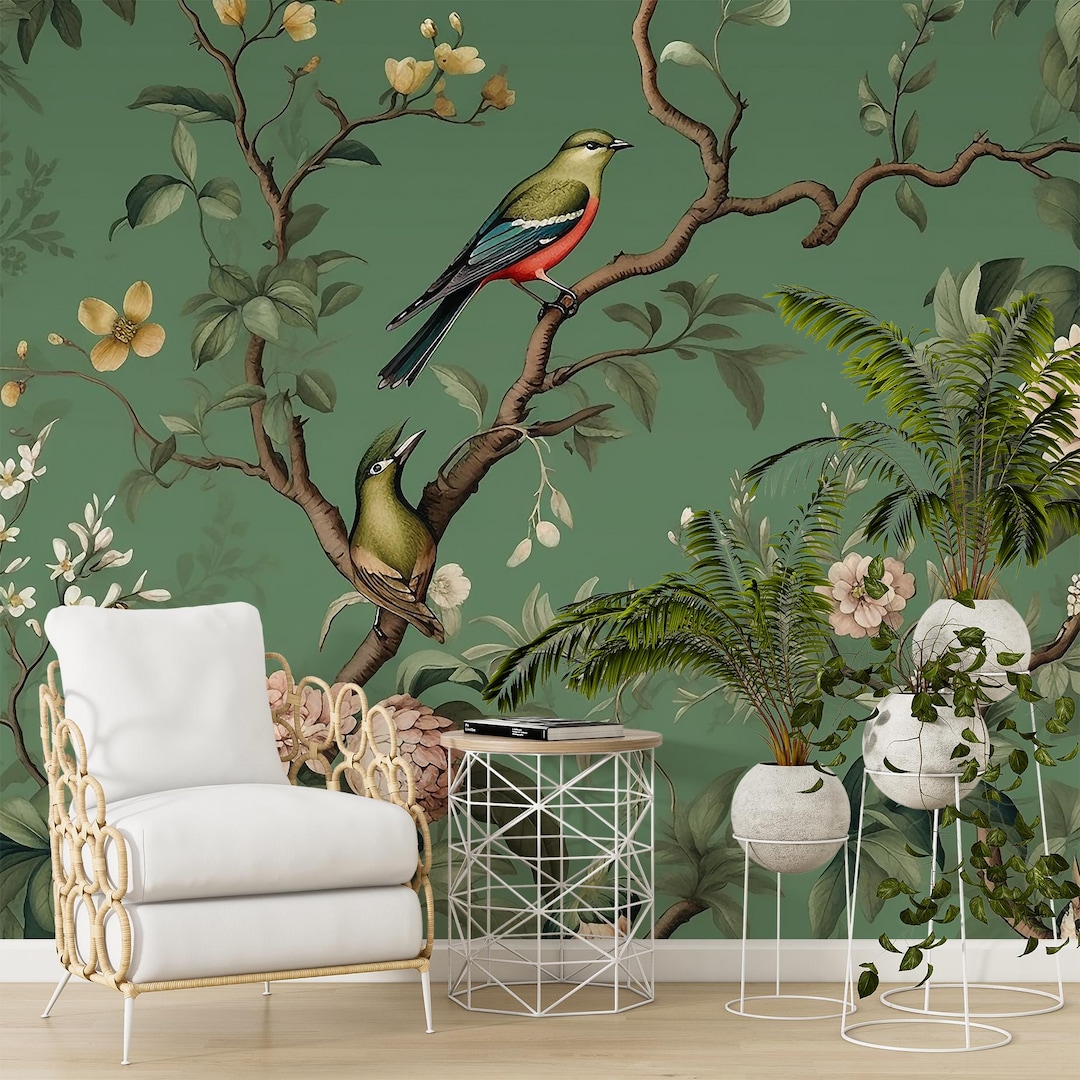 Green Bird and Floral Wallpaper | Peel and Stick Wallpaper , Removable ...