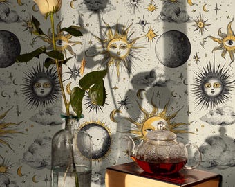 Papel pintado de sol y luna celestiales: cielo místico vintage, despegar y pegar