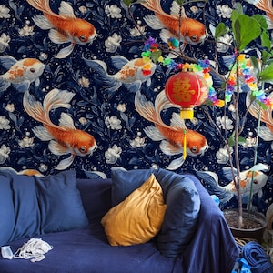 Koi Fish Wallpaper: Japanese Style Floral Wall Mural (Peel and Stick)