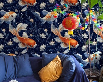 Koi Fish Wallpaper: Japanese Style Floral Wall Mural (Peel and Stick)