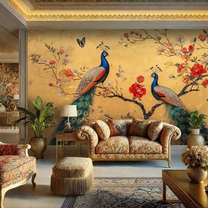 Elegante Pfau und Blumen Tapete - Luxuriöses Wandbild für Wohnzimmer, Schlafzimmer oder Esszimmer Dekor / Abnehmbare Tapete