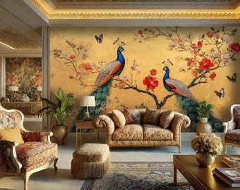 May include: A living room interior with a large wall mural featuring two peacocks with their tails spread out. The mural is set against a gold background with pink flowers and green leaves. The room is furnished with a sofa, two armchairs, a coffee table, and a side table.