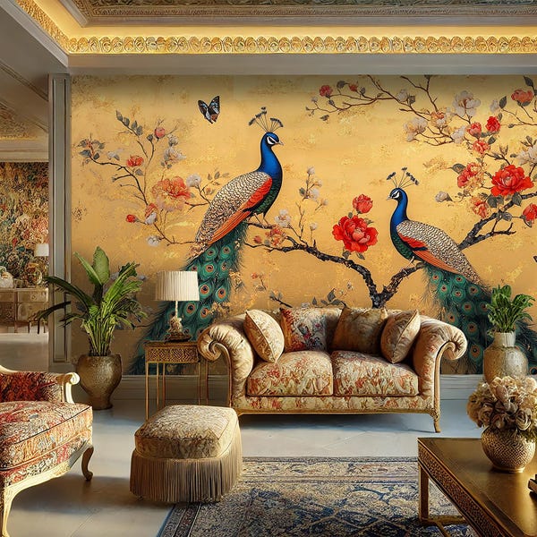 Peacock Floral Wallpaper: Elegant Removable Wall Mural