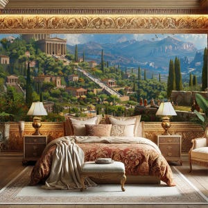 May include: A bedroom interior featuring a large mural depicting a cityscape with a mountain range in the background. The mural shows a winding path leading up to a building with columns. The bedroom has a bed with a red and gold patterned duvet, a white throw blanket, and a white footstool. There are two lamps on bedside tables on either side of the bed.