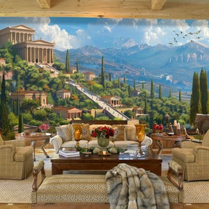May include: A living room interior design featuring a large mural depicting a classical Greek city with a temple, steps, and trees. The mural is on the wall behind a brown leather sofa, two armchairs, and a coffee table with a fur throw.
